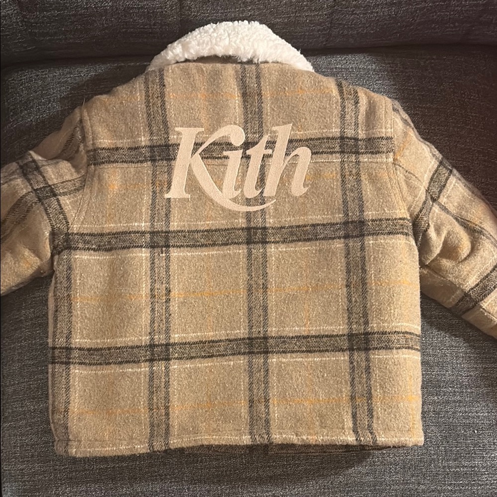 Kith Plaid Sherpa Collar Kids Jacket in Tan and Cream